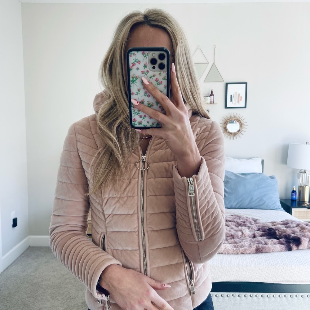 GUESS Velvet Puffer Jacket | Blush Pink Quilted Moto Coat Size Small